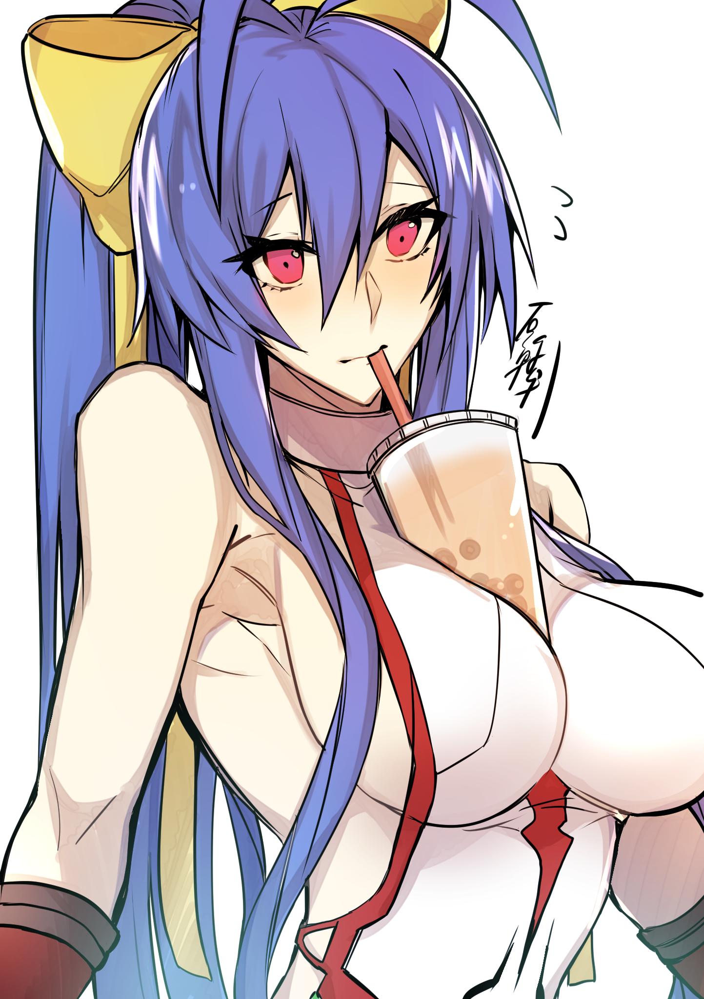 1girl, antenna_hair, armpits, backless_outfit, bare_shoulders, bendy_straw, between_breasts, blazblue