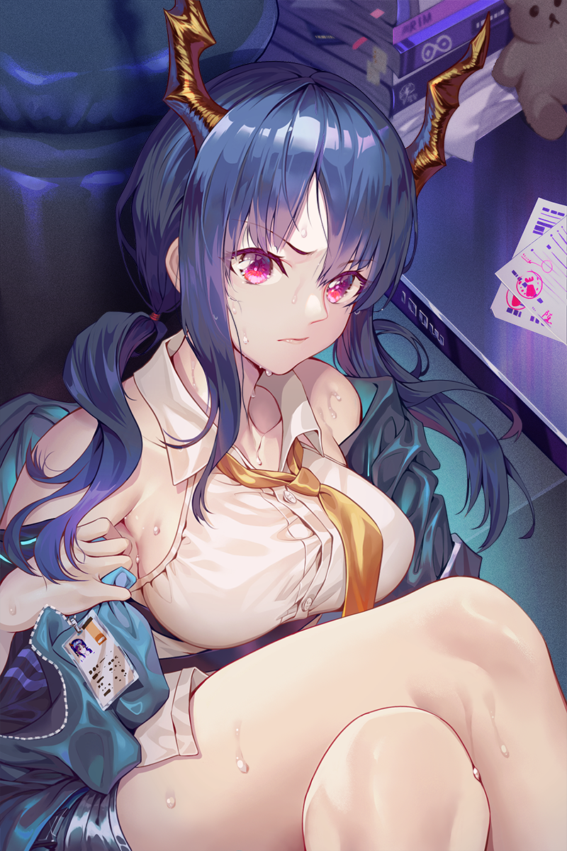 1girl, arknights, armpits, bangs, blue_hair, breasts, ch'en_(arknights), closed_mouth
