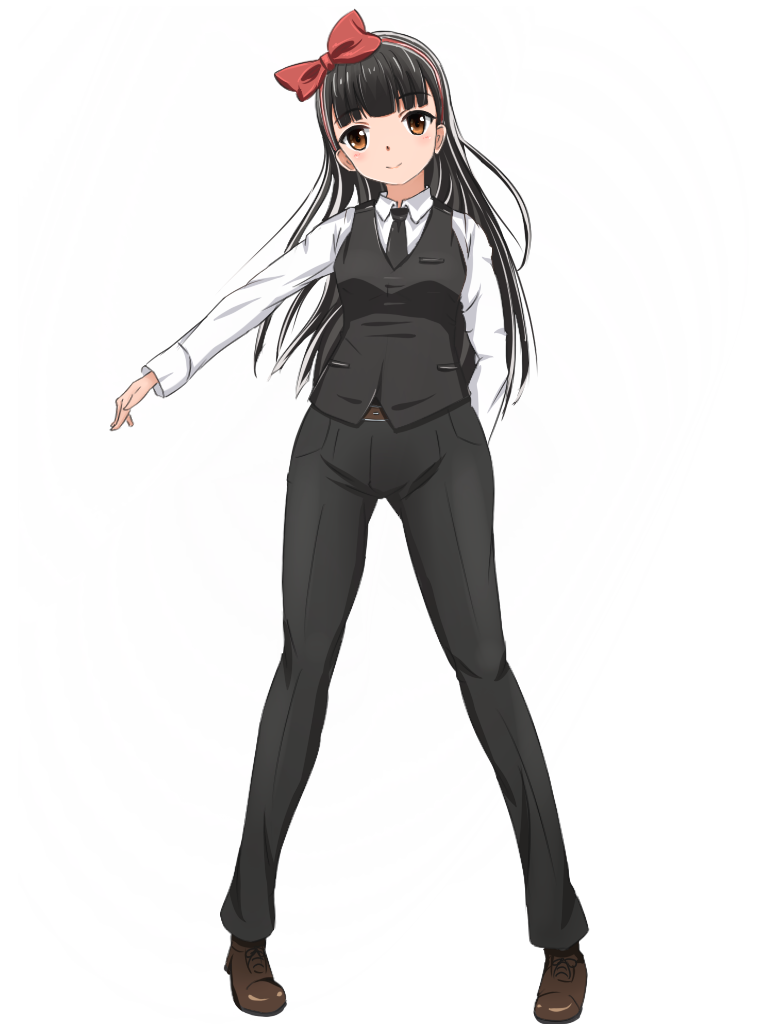 1girl, arm_behind_back, bartender, black_neckwear, black_pants, bow, brown_eyes, brown_footwear
