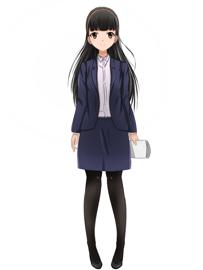 1girl, arms_at_sides, bangs, black_footwear, black_legwear, blazer, blue_suit, blunt_bangs