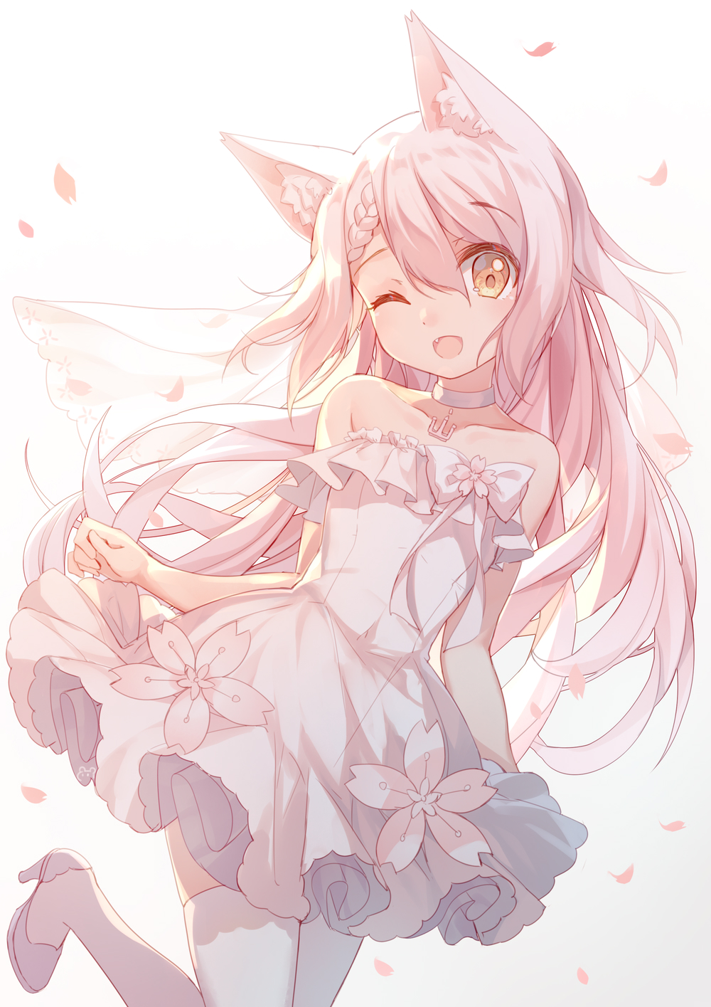 1girl, ;d, anchor_choker, animal_ear_fluff, animal_ears, bangs, bare_shoulders, bison_cangshu, blush, bow, braid, breasts, bridal_veil, collarbone, dress, eyebrows_visible_through_hair, fang, floating_hair, french_braid, hair_ornament, high_heels, highres, long_hair, looking_at_viewer, one_eye_closed, open_mouth, petals, pink_hair, shimakaze_(warship_girls_r), sidelocks, small_breasts, smile, solo, strapless, strapless_dress, thigh-highs, veil, very_long_hair, warship_girls_r, white_dress, white_footwear, white_legwear