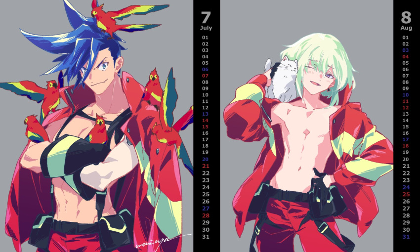 2boys, animal, animal_on_head, animal_on_shoulder, baggy_pants, bird, bird_on_head, bird_on_shoulder