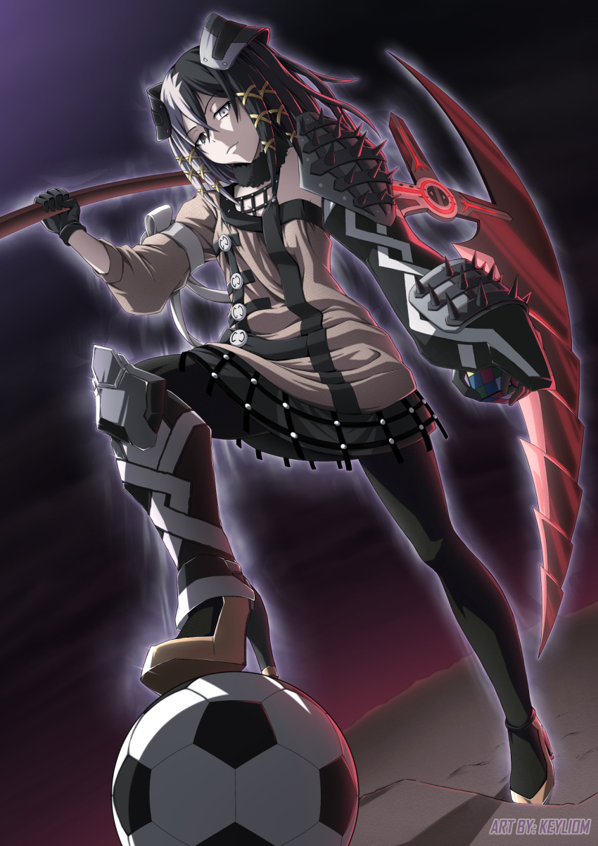 1girl, ball, bangs, bare_shoulders, black_gloves, black_hair, black_legwear, black_skirt, breasts, closed_mouth, commentary, english_commentary, from_below, gauntlets, gloves, hair_between_eyes, hair_ornament, heterochromia, highres, holding, holding_scythe, holding_weapon, keyliom, looking_at_viewer, multicolored_hair, overlord_(maruyama), pantyhose, rubik's_cube, scythe, shoulder_spikes, single_gauntlet, skirt, small_breasts, smile, soccer_ball, solo, spiked_gauntlets, spikes, sweater, two-tone_hair, weapon, white_eyes, white_hair, x_hair_ornament, zesshi_zetsumei