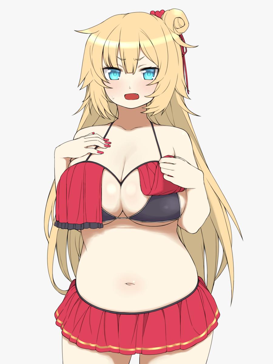 1girl, akai_haato, alternate_costume, angry, bare_shoulders, belly, bikini, bikini_skirt