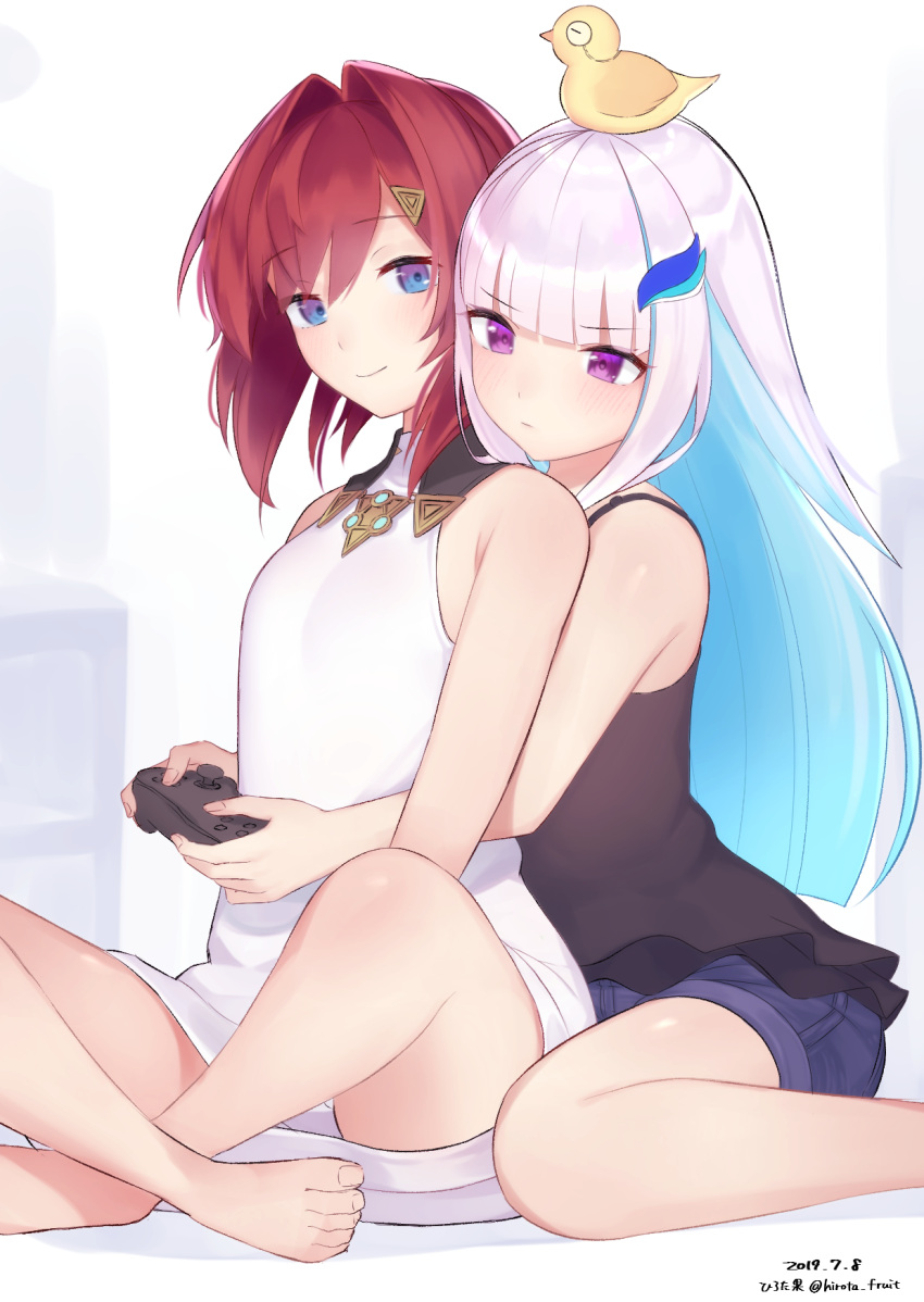 2girls, ange_katrina, animal, animal_on_head, bangs, bird, bird_on_head, black_shirt