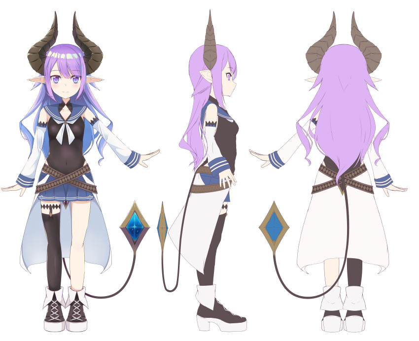 1girl, absurdres, belt, black_footwear, black_legwear, black_leotard, blue_skirt, boots, commentary_request, demon_girl, detached_sleeves, full_body, gem, highres, horns, leotard, long_hair, miniskirt, multiple_views, original, outstretched_arm, pointy_ears, purple_hair, sailor_collar, simple_background, single_thighhigh, skirt, solo, suu2510, tail, thigh-highs, turnaround, violet_eyes, white_background, white_sleeves