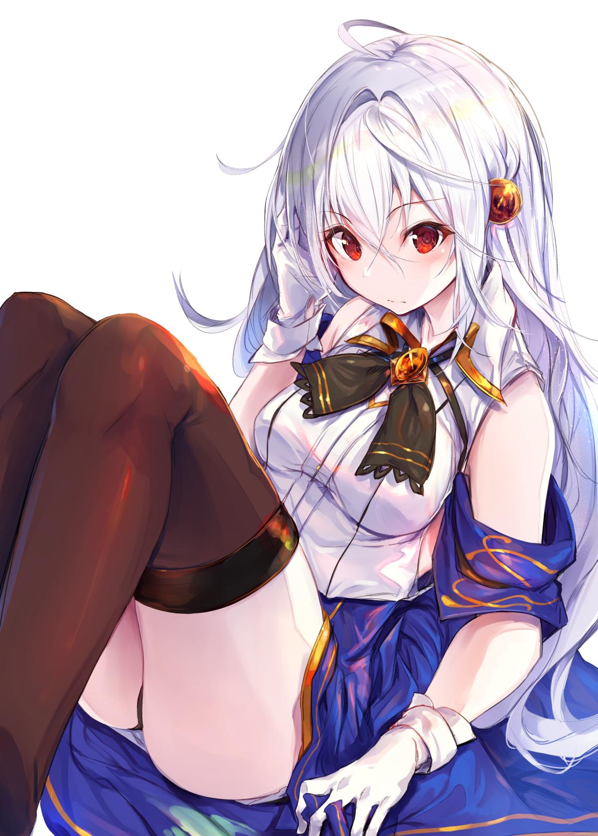1girl, ahoge, black_legwear, black_neckwear, black_panties, blue_skirt, dress_shirt, eyebrows_visible_through_hair, fal_maro, gloves, hair_between_eyes, hair_ornament, hand_in_hair, highres, long_hair, ninim_raleigh, panties, red_eyes, shirt, silver_hair, simple_background, sitting, skirt, sleeveless, sleeveless_shirt, solo, tensai_ouji_no_akaji_kokka_saiseijutsu, thigh-highs, underwear, very_long_hair, white_background, white_gloves, white_shirt