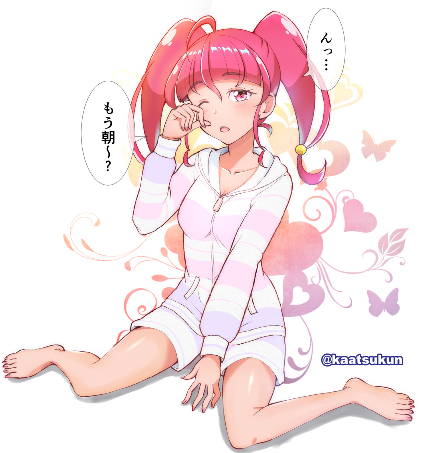 1girl, ahoge, bangs, barefoot, between_legs, blunt_bangs, collarbone, hand_between_legs