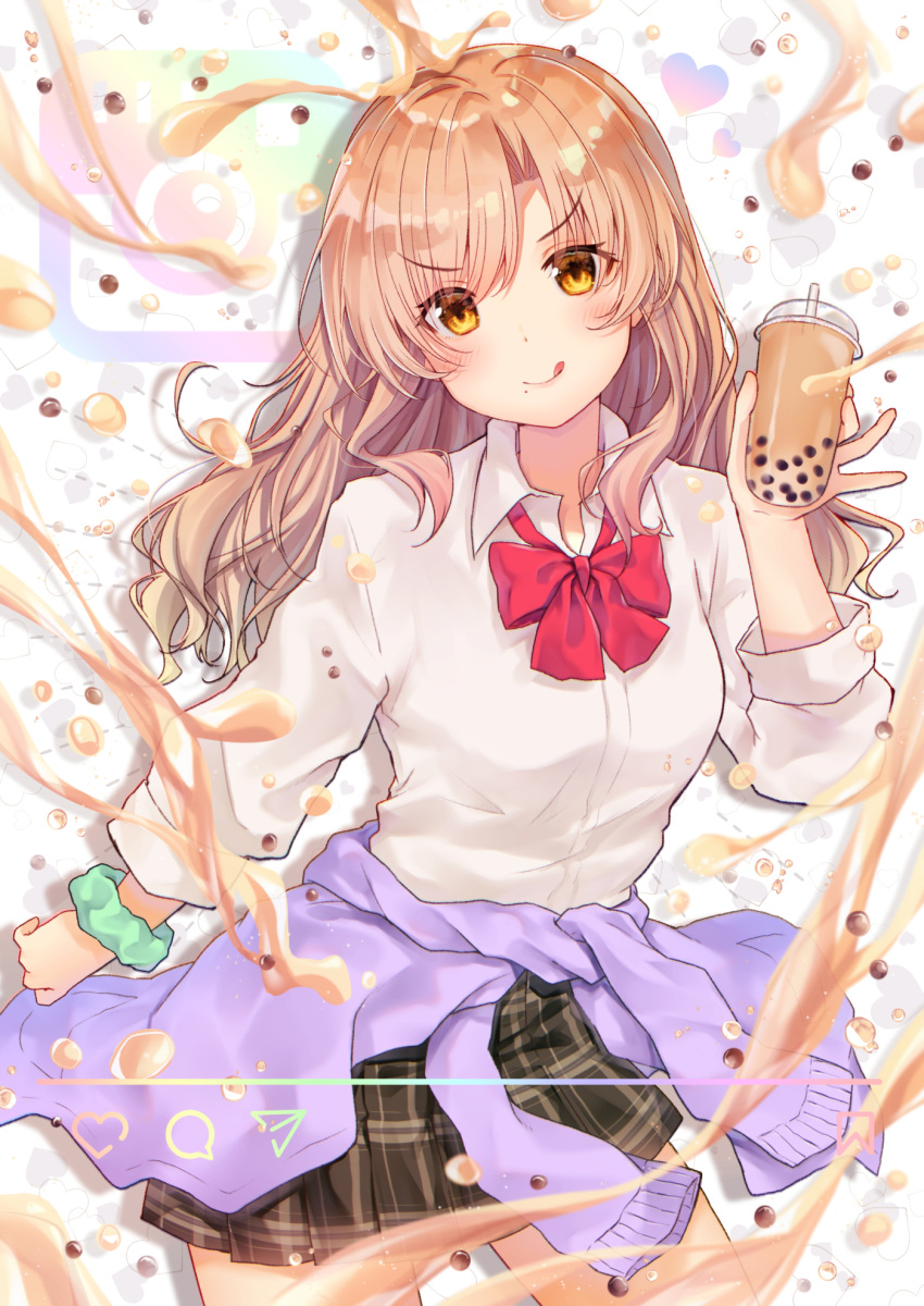 1girl, :q, bangs, blush, bow, brown_eyes, brown_hair, brown_skirt, bubble_tea, cardigan, cardigan_around_waist, closed_mouth, clothes_around_waist, collared_shirt, commentary_request, cup, dispenser, dress_shirt, drinking_straw, eyebrows_visible_through_hair, green_scrunchie, gyozanuko, hair_between_eyes, head_tilt, highres, holding, holding_cup, long_hair, long_sleeves, original, plaid, plaid_skirt, pleated_skirt, purple_cardigan, red_bow, school_uniform, scrunchie, shirt, skirt, smile, solo, tongue, tongue_out, white_background, white_shirt, wrist_scrunchie