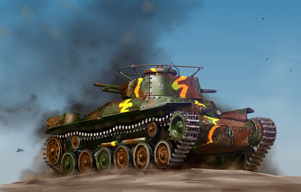 artist_name, bird, blue_sky, camouflage, chi-hatan_(emblem), commentary, day, emblem, girls_und_panzer, ground_vehicle, military, military_vehicle, motor_vehicle, no_humans, outdoors, shasu_(lastochka), signature, sky, smoke, tank, type_97_chi-ha