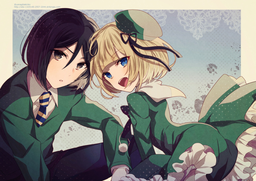 1boy, 1girl, bangs, black_hair, black_ribbon, blonde_hair, blue_eyes, blue_neckwear