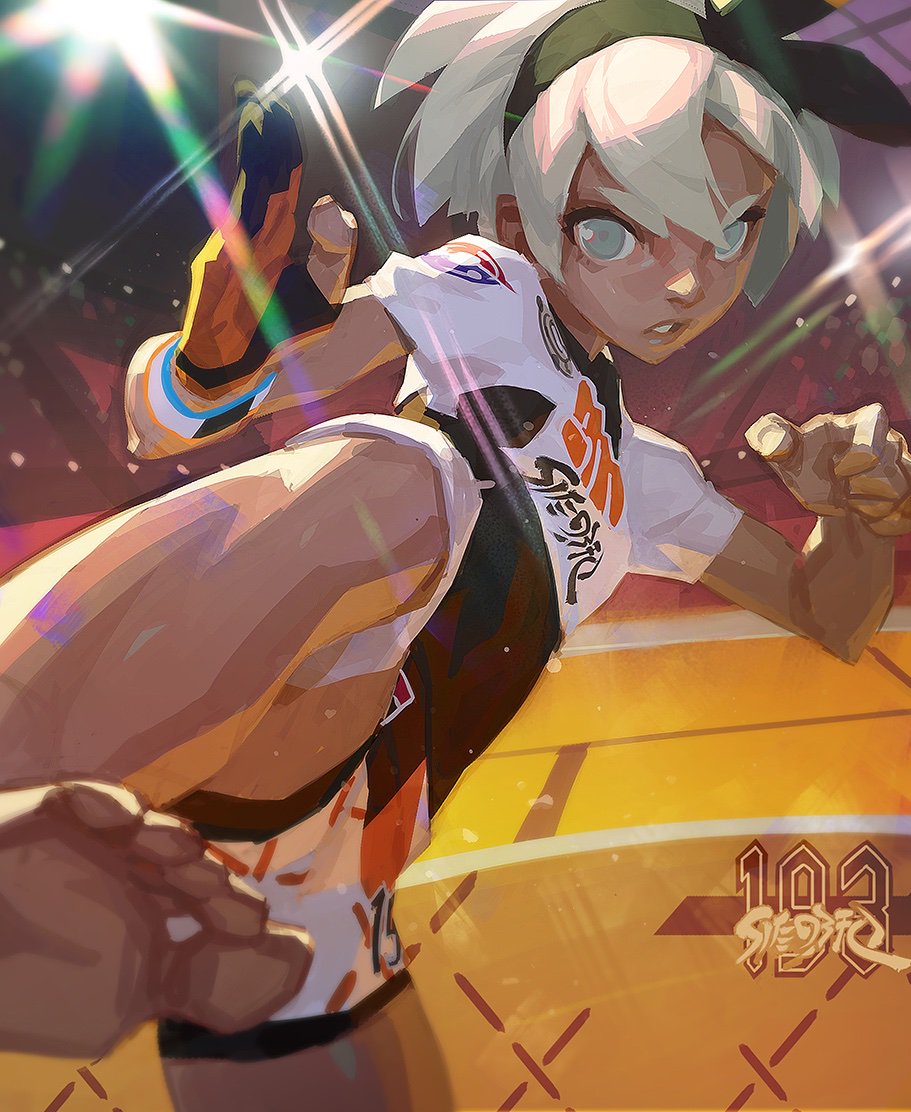 1girl, abs, barefoot, blue_eyes, bodysuit, bodysuit_under_clothes, covered_navel, dark_skin, gloves, grey_eyes, grey_hair, hairband, looking_at_viewer, pokemon, pokemon_(game), pokemon_swsh, saitou_(pokemon), shirt, short_hair, short_sleeves, shorts, simple_background, solo, toni_infante, white_shirt, wristband