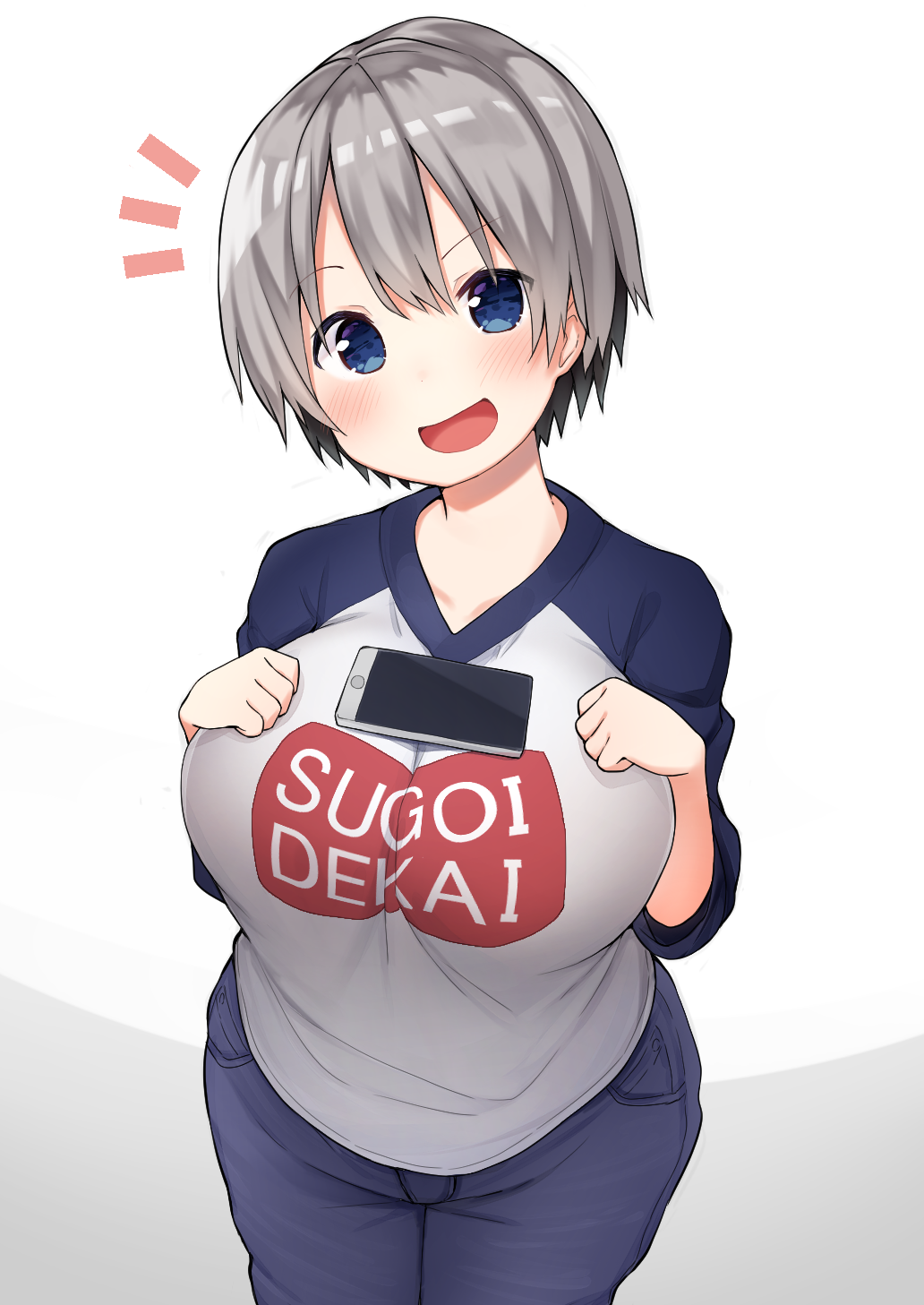 1girl, bangs, black_hair, blue_eyes, blue_shirt, blush, breasts, cellphone, clothes_writing, collarbone, denim, doyagao, foreshortening, grey_background, grey_hair, hair_between_eyes, hands_on_own_breasts, head_tilt, highres, jeans, large_breasts, leaning_forward, legs_together, mamemochi, multicolored_hair, multicolored_shirt, object_on_breast, open_mouth, pants, phone, raglan_sleeves, raised_eyebrows, romaji_text, shiny, shiny_hair, shirt, short_hair, short_sleeves, simple_background, smartphone, smile, smug, solo, standing, t-shirt, tawawa_challenge, tongue, two-tone_background, two-tone_hair, uzaki-chan_wa_asobitai!, uzaki_hana, white_background, white_shirt, wide_hips