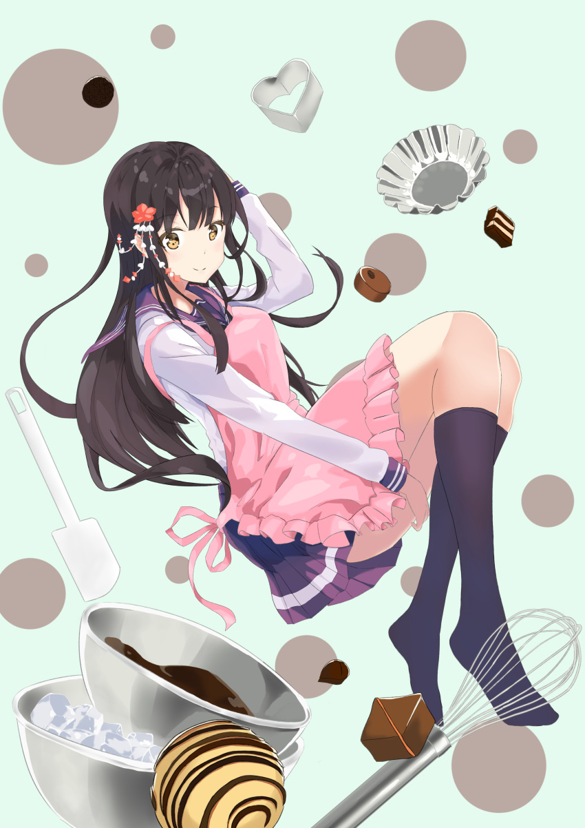 1girl, absurdres, apron, bangs, black_hair, black_legwear, blue_skirt, character_request