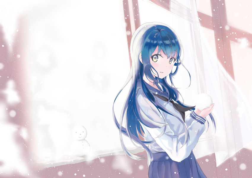 1girl, absurdres, blue_hair, blue_skirt, character_request, commentary_request, copyright_request, eyebrows_visible_through_hair