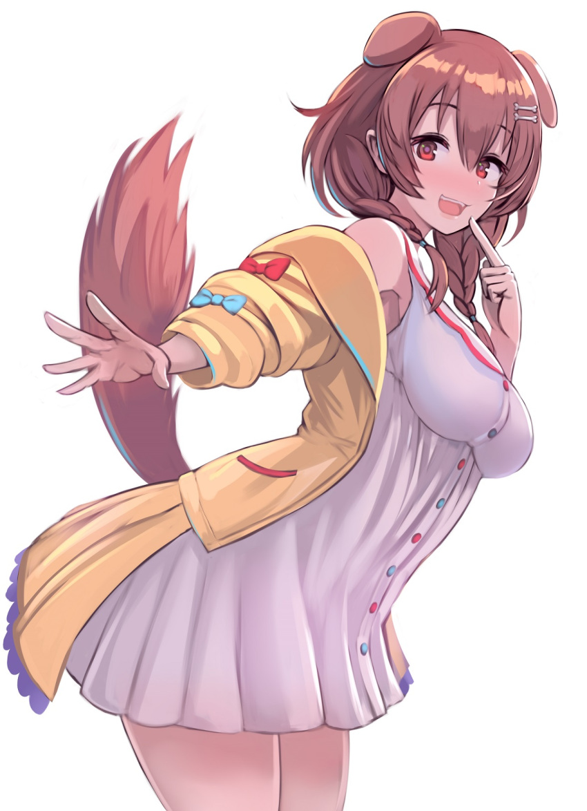 1girl, animal_ears, armpits, blush, bone_hair_ornament, breasts, brown_eyes, brown_hair