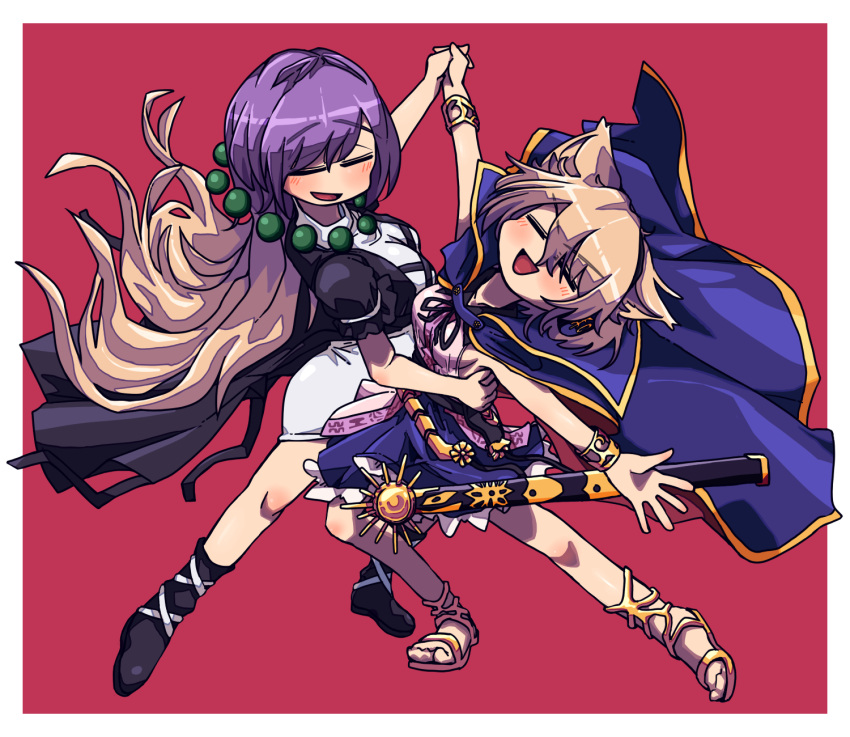 2girls, awa_(bihidasu), bare_legs, black_footwear, blonde_hair, boots, cape, closed_eyes
