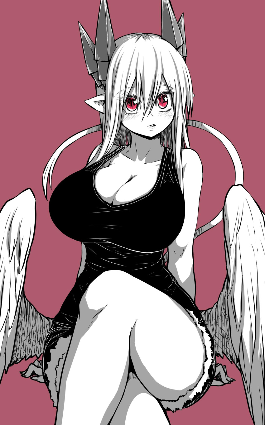 1girl, breasts, demon_girl, demon_tail, denim, denim_shorts, feathered_wings, highres