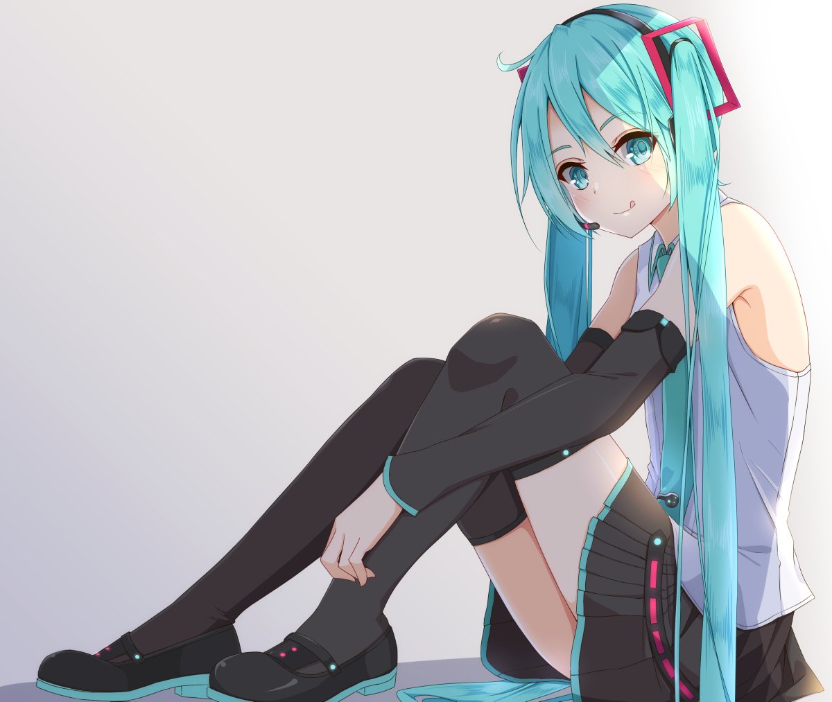 1girl, :p, aqua_eyes, aqua_hair, aqua_neckwear, bare_shoulders, black_legwear, black_skirt