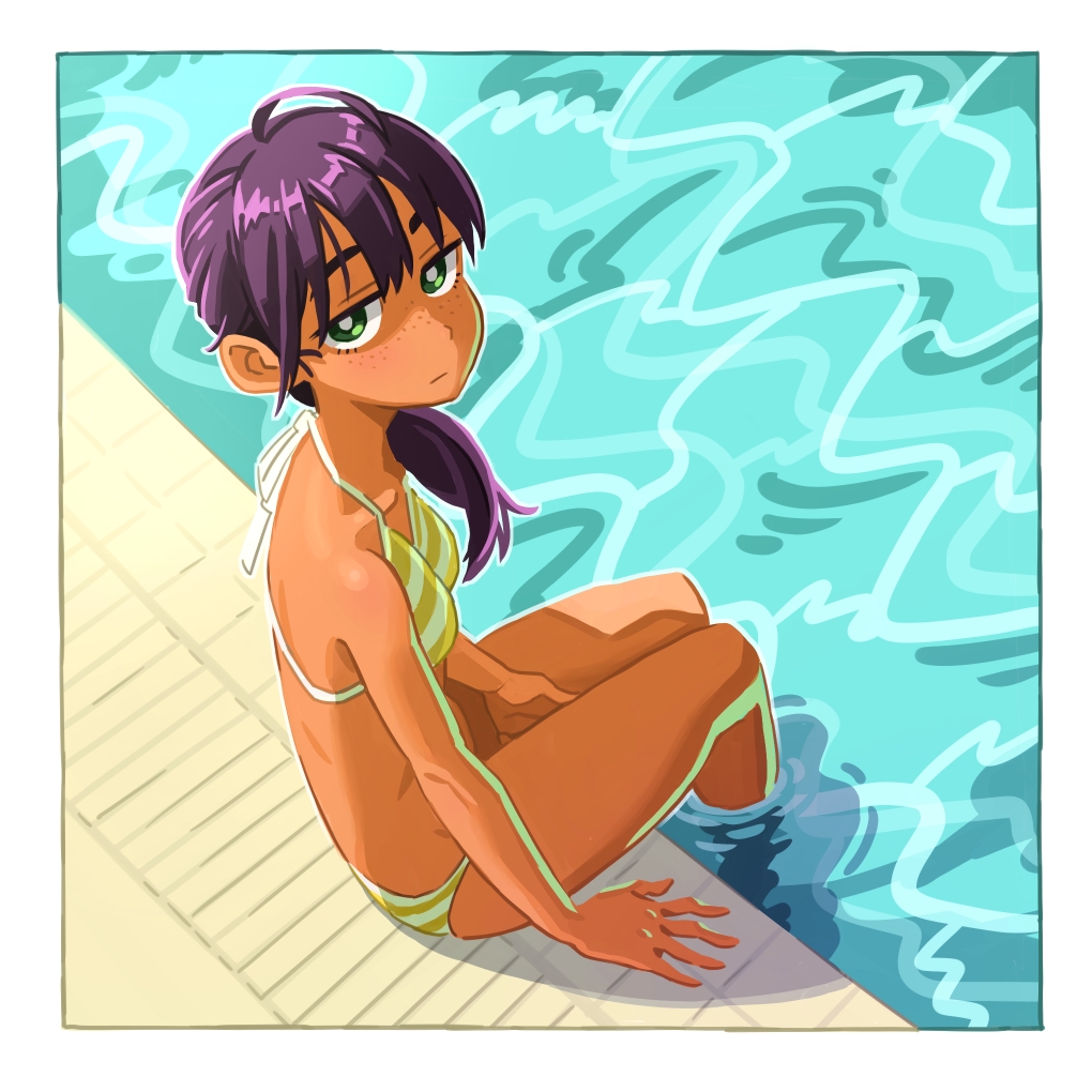 1girl, bare_arms, bikini, dark_skin, expressionless, freckles, green_eyes, half-closed_eyes, jitsusan, looking_at_viewer, original, partially_submerged, ponytail, pool, poolside, purple_hair, sitting, solo, striped, striped_bikini, swimsuit, tan, water, yellow_bikini