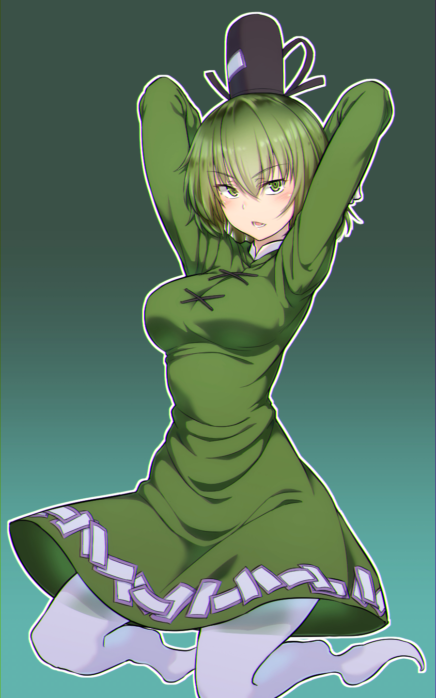 1girl, aqua_background, arms_behind_head, arms_up, bangs, black_headwear, blush, breasts