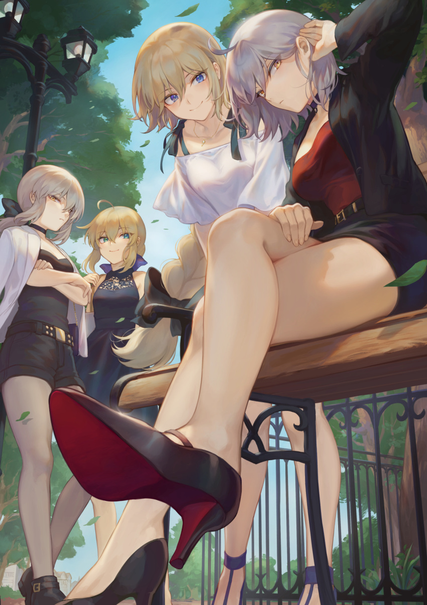 4girls, ahoge, artoria_pendragon_(all), bag, bangs, belt, black_bow, black_choker, black_footwear, black_jacket, black_ribbon, black_shorts, black_tubetop, blonde_hair, blouse, blue_choker, blue_dress, blue_eyes, blue_footwear, blue_ribbon, blue_sky, blush, bow, braid, breasts, buckle, casual, chair, choker, closed_mouth, commentary, crossed_arms, crossed_legs, day, dress, expressionless, eyebrows_visible_through_hair, fate/apocrypha, fate/grand_order, fate/stay_night, fate_(series), floating_hair, gold, green_eyes, hair_between_eyes, hair_bow, hair_ribbon, hair_tucking, hand_on_thigh, high_heels, highres, holding_strap, jacket, jacket_on_shoulders, jeanne_d'arc_(alter)_(fate), jeanne_d'arc_(fate), jeanne_d'arc_(fate)_(all), jewelry, lamppost, large_breasts, leaning_forward, long_hair, long_sleeves, looking_at_viewer, mashuu_(neko_no_oyashiro), medium_breasts, multiple_girls, necklace, outdoors, red_tubetop, ribbon, saber, saber_alter, shoes, short_hair, shorts, shoulder_bag, sidelocks, signature, silver_hair, single_braid, sitting, sky, sleeveless, sleeveless_dress, smile, table, thighs, tree, tsurime, twitter_username, very_long_hair, white_blouse, white_jacket, wind, yellow_eyes