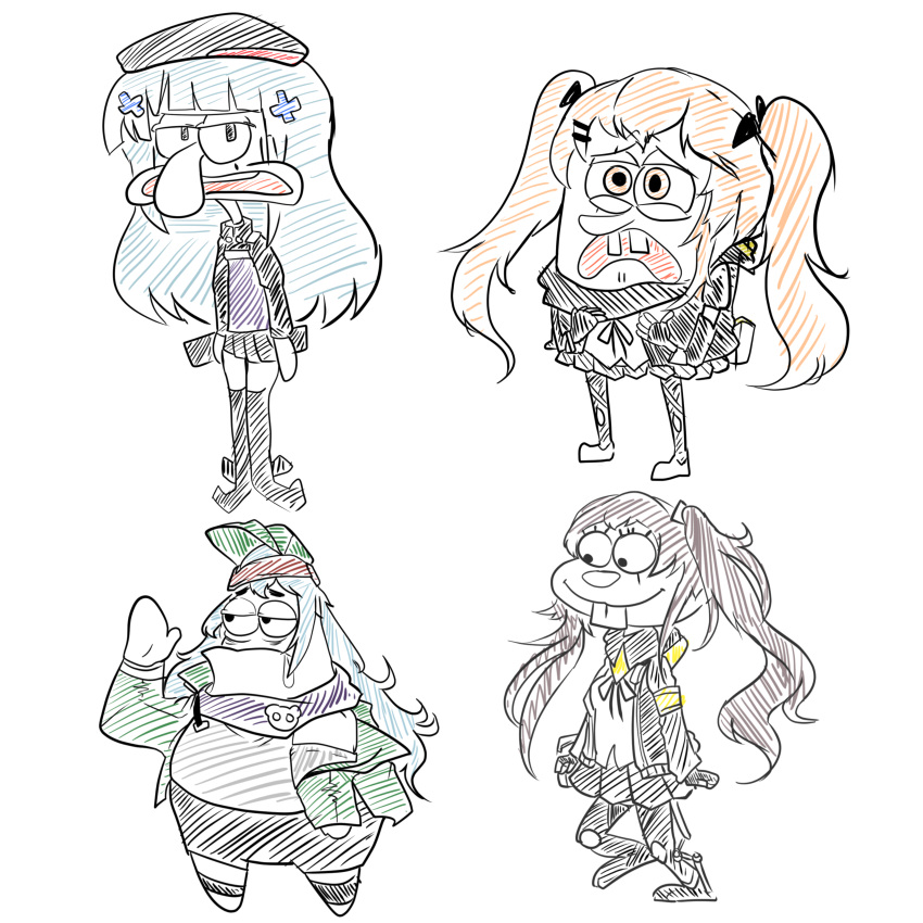 1girl, 3boys, 404_(girls_frontline), absurdres, annoyed, beret, buck_teeth, commentary_request