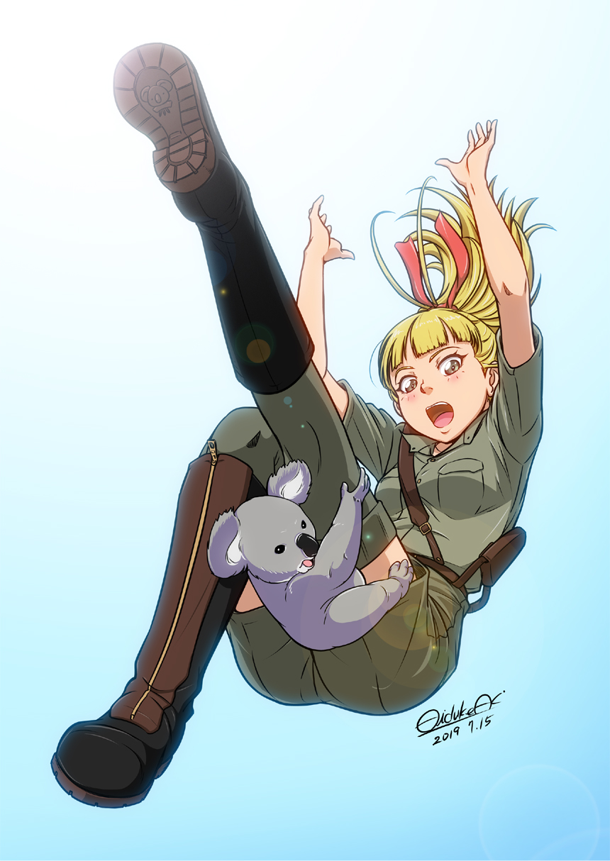 1girl, arms_up, artist_name, backlighting, bangs, belt, blonde_hair, blue_background, blunt_bangs, boots, brown_belt, brown_eyes, brown_footwear, brown_shirt, clinging, collared_shirt, commentary, dated, falling, frown, full_body, girls_und_panzer, gradient, gradient_background, green_legwear, green_shorts, hair_ribbon, highres, knee_boots, koala, koala_forest_military_uniform, leg_up, lens_flare, long_hair, open_mouth, ponytail, pouch, red_ribbon, ribbon, sam_browne_belt, shirt, short_sleeves, shorts, signature, solo, thigh-highs, user_nuur5827, wallaby_(girls_und_panzer), zipper