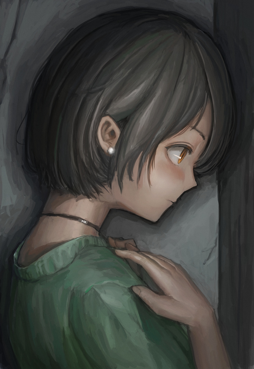 1girl, arms_up, black_choker, black_hair, blush, choker, expressionless, fjsmu