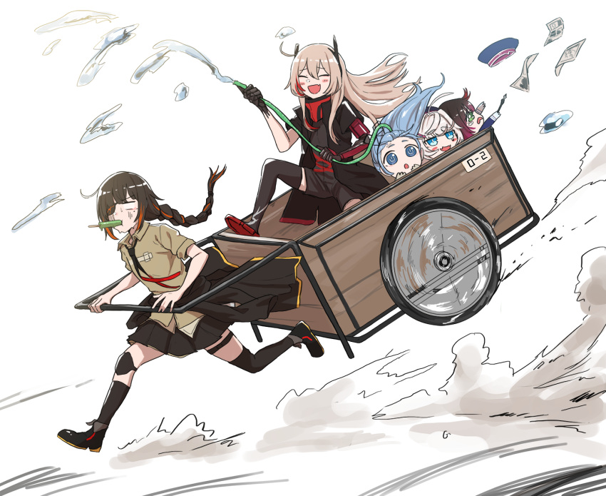 5girls, ads_(girls_frontline), black_hair, blank_eyes, blush, braid, brown_hair, cart