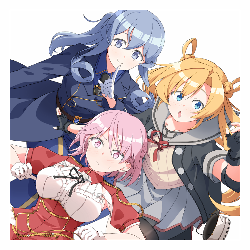 3girls, abukuma_(kantai_collection), aiguillette, armpit_cutout, armpits, baseu, belt, black_gloves, black_jacket, black_neckwear, blonde_hair, blue_eyes, blue_hair, blue_jacket, blue_shirt, blue_skirt, blush, border, breasts, buttons, closed_mouth, collared_shirt, double_bun, eyebrows_visible_through_hair, frills, frown, giuseppe_garibaldi_(kantai_collection), gloves, gotland_(kantai_collection), grey_skirt, hair_between_eyes, hair_bun, hair_rings, half_gloves, jacket, kantai_collection, long_hair, long_sleeves, military, military_uniform, mole, mole_under_eye, multiple_girls, neck_ribbon, necktie, no_hat, no_headwear, partly_fingerless_gloves, pink_eyes, pink_hair, pleated_skirt, red_ribbon, red_shirt, remodel_(kantai_collection), ribbon, sailor_collar, shirt, short_hair, short_sleeves, shorts, shorts_under_skirt, simple_background, skirt, smile, sweat, twintails, uniform, white_background, white_border, white_gloves