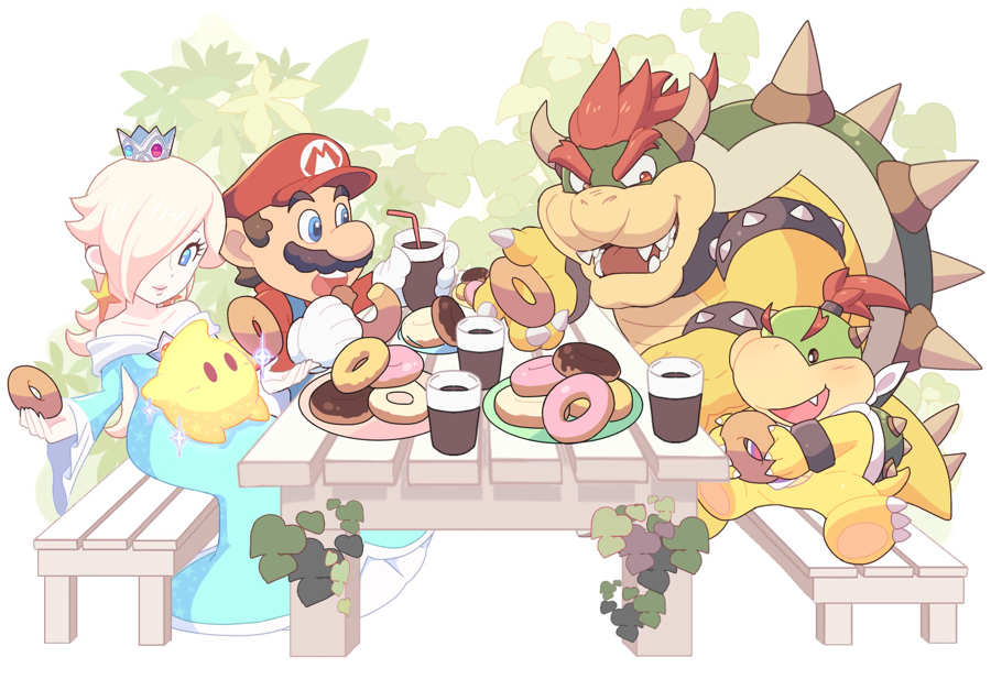 1girl, 1other, 3boys, bench, blonde_hair, blue_dress, bowser, bowser_jr., brown_hair, chiko_(mario), coffee, crown, doughnut, dragon, drink, eating, father_and_son, hosinoirie, human, ivy, luma, mario, monster, mustache, nintendo, nintendo_ead, plants, plate, plumber, princess, red_hair, rosalina_(mario), rosetta_(mario), sitting, star, super_mario_bros., super_mario_galaxy, table, turtle