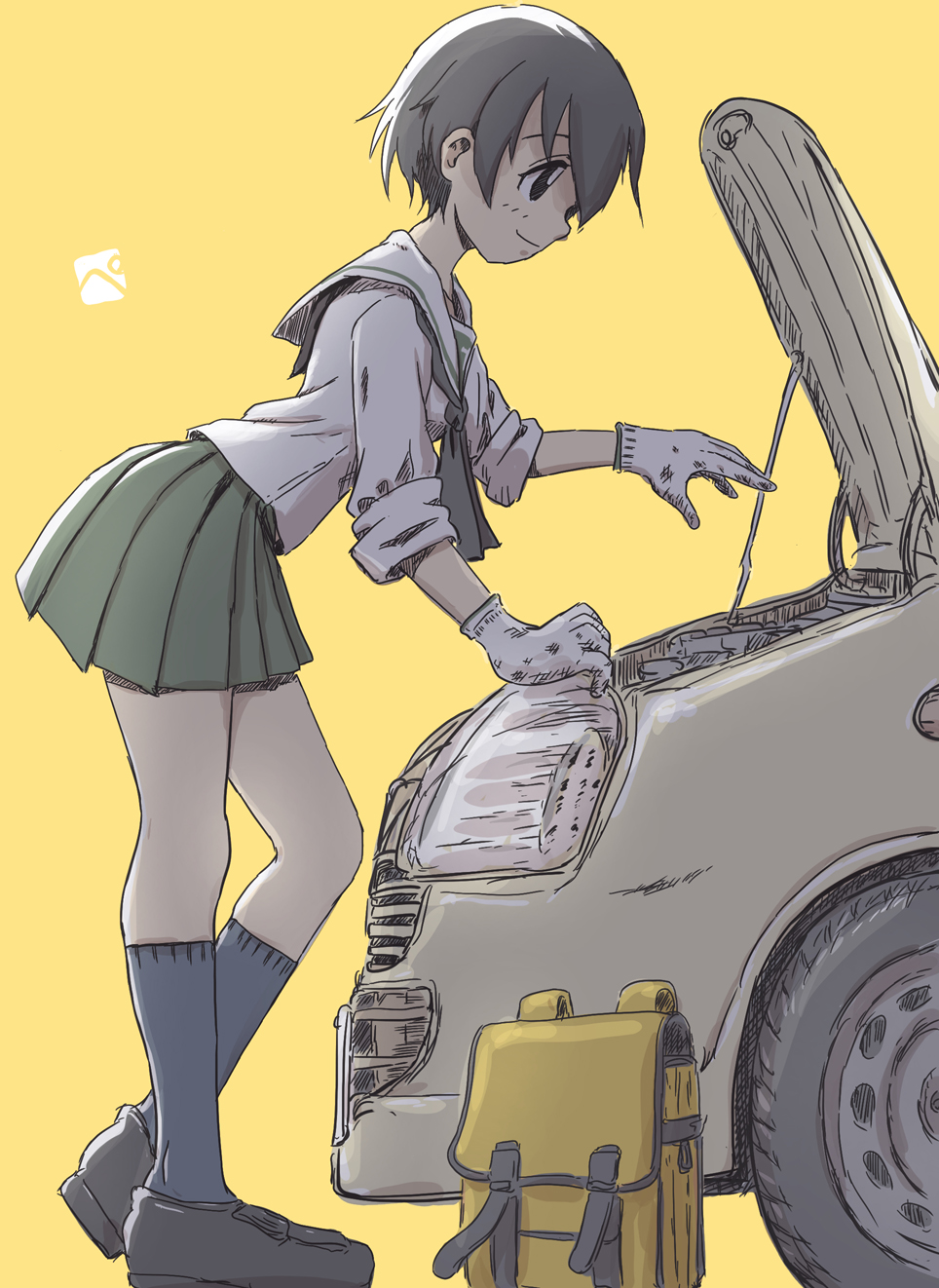 1girl, artist_logo, backpack, bag, bangs, black_legwear, black_neckwear, blouse, brown_eyes, brown_footwear, brown_hair, car, closed_mouth, commentary, from_behind, girls_und_panzer, gloves, green_skirt, ground_vehicle, heel_raised, highres, kainushi, leaning_forward, loafers, long_sleeves, miniskirt, motor_vehicle, nakajima_(girls_und_panzer), neckerchief, ooarai_school_uniform, pleated_skirt, school_uniform, serafuku, shoes, short_hair, simple_background, skirt, sleeves_rolled_up, smile, socks, solo, standing, white_blouse, white_gloves, yellow_background