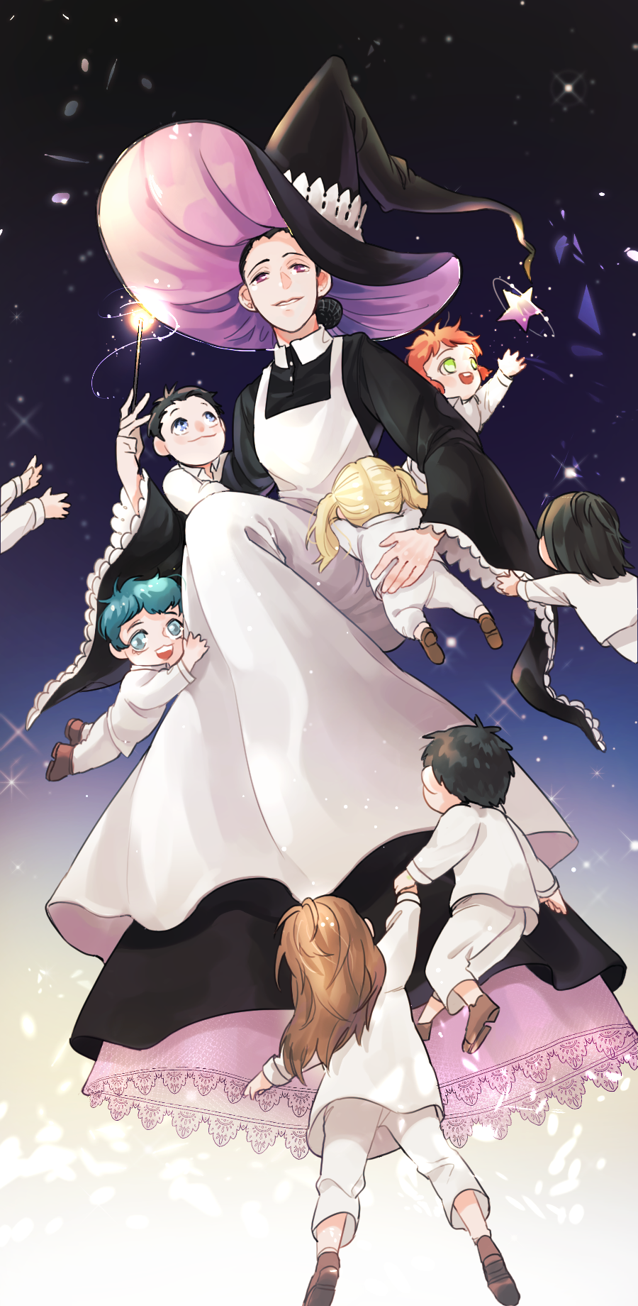 3boys, 4girls, :d, apron, aqua_hair, black_hair, blonde_hair, brown_footwear