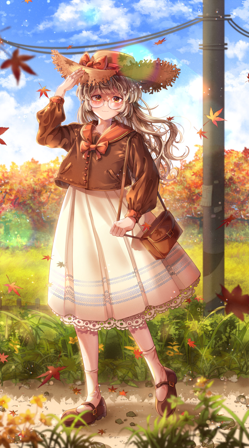 1girl, absurdres, autumn, bag, black_footwear, blue_sky, blurry_foreground, brown_handbag, day, falling_leaves, glasses, grass, handbag, hat, highres, huge_filesize, leaf, light_brown_hair, long_hair, looking_at_viewer, mocohi123, original, outdoors, pebble, power_lines, skirt, sky, socks, solo, standing, straw_hat, sun_hat, telephone_pole, tree, very_long_hair, white_skirt
