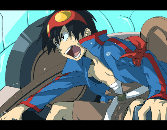 bandage, blue_hair, goggles, goggles_on_head, lagann, male, mikaduki, mikazuki