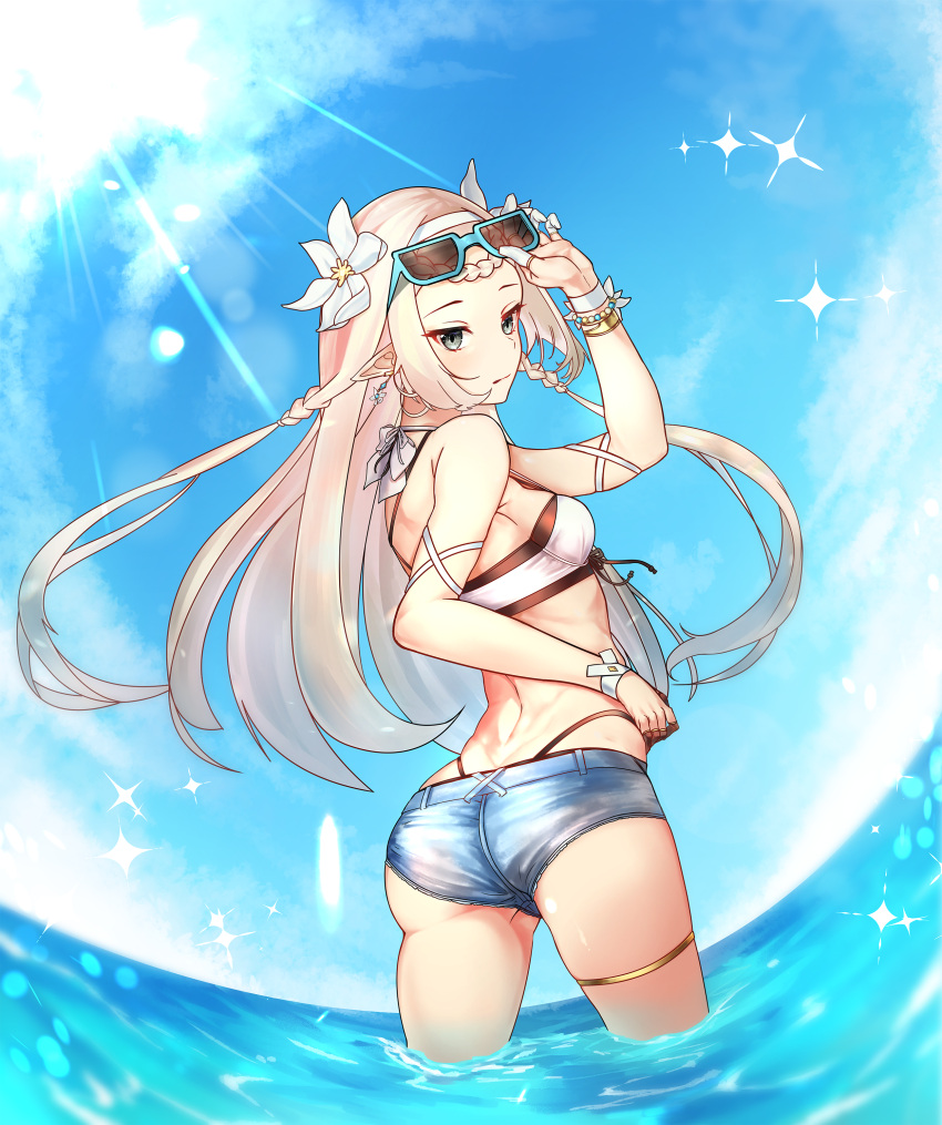 1girl, absurdres, ass, blonde_hair, blue-framed_eyewear, blue_sky, bracelet, braid, breasts, day, earrings, elf, epic7, eyewear_on_head, floatingapple, flower, grey_eyes, hair_flower, hair_ornament, hand_up, headband, highres, iseria_arisphodel, jewelry, long_hair, looking_back, midriff, ocean, outdoors, pointy_ears, short_shorts, shorts, sidelocks, sky, small_breasts, solo, summer, sunglasses, sunlight, thigh_strap, twisted_torso, very_long_hair, white_headband, wrist_cuffs