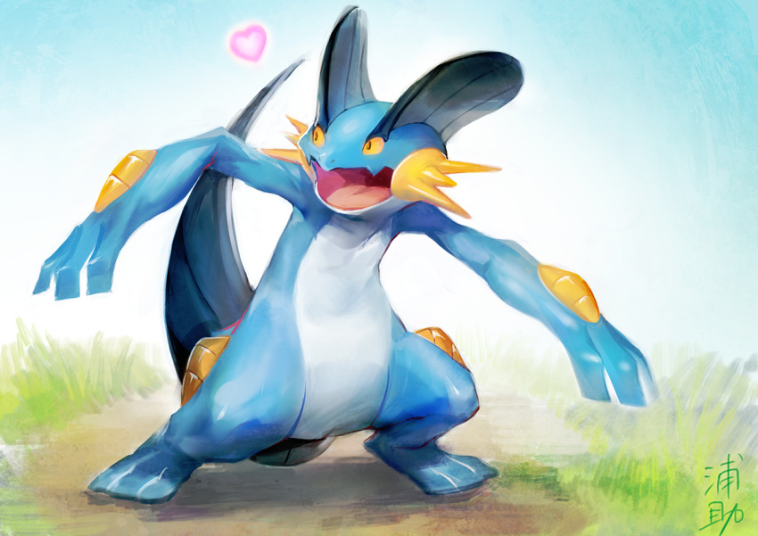 big_hands, blue_sky, commentary, creature, day, fins, full_body, gen_3_pokemon