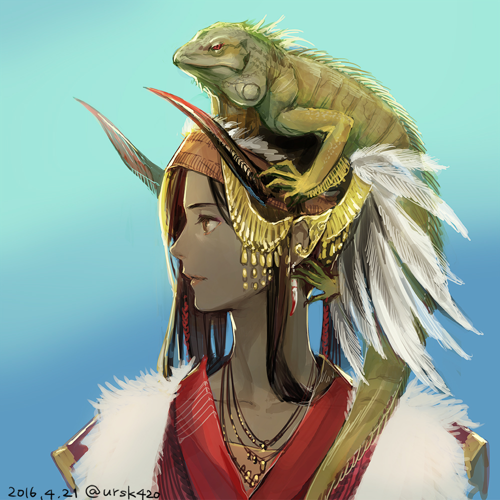 1girl, animal, animal_on_head, brown_eyes, brown_hair, collarbone, dark_skin, dated