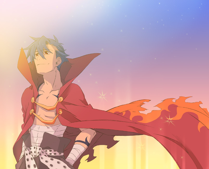 bandage, blue_hair, bodypaint, cape, glasses, hands_in_pockets, kamina, light