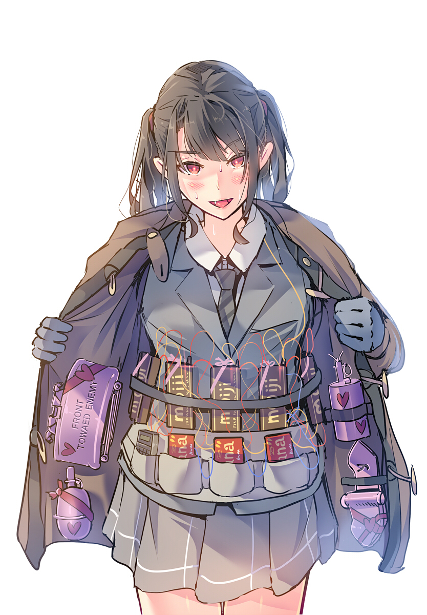 1girl, blush, chocolate, chocolate_bar, claymore_(mine), daito, explosive, gloves