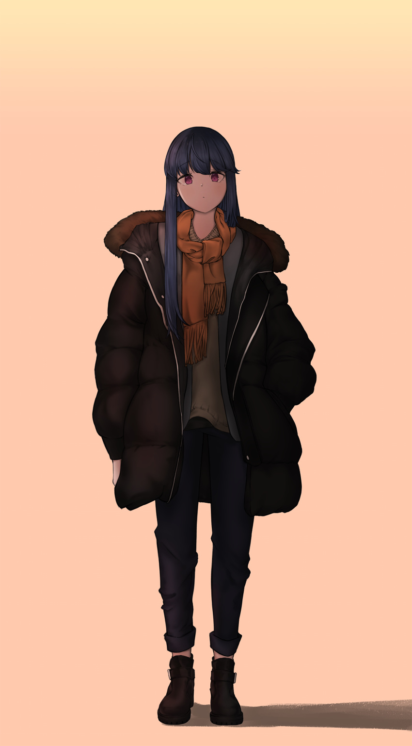 1girl, absurdres, black_coat, black_footwear, black_pants, blue_hair, floatingapple, full_body
