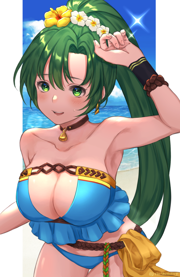 1girl, bikini, blush, breasts, fire_emblem, fire_emblem:_the_blazing_blade, fire_emblem_heroes, green_eyes, green_hair, hair_ornament, hoshido1214, long_hair, looking_at_viewer, lyn_(fire_emblem), open_mouth, ponytail, smile, solo, swimsuit