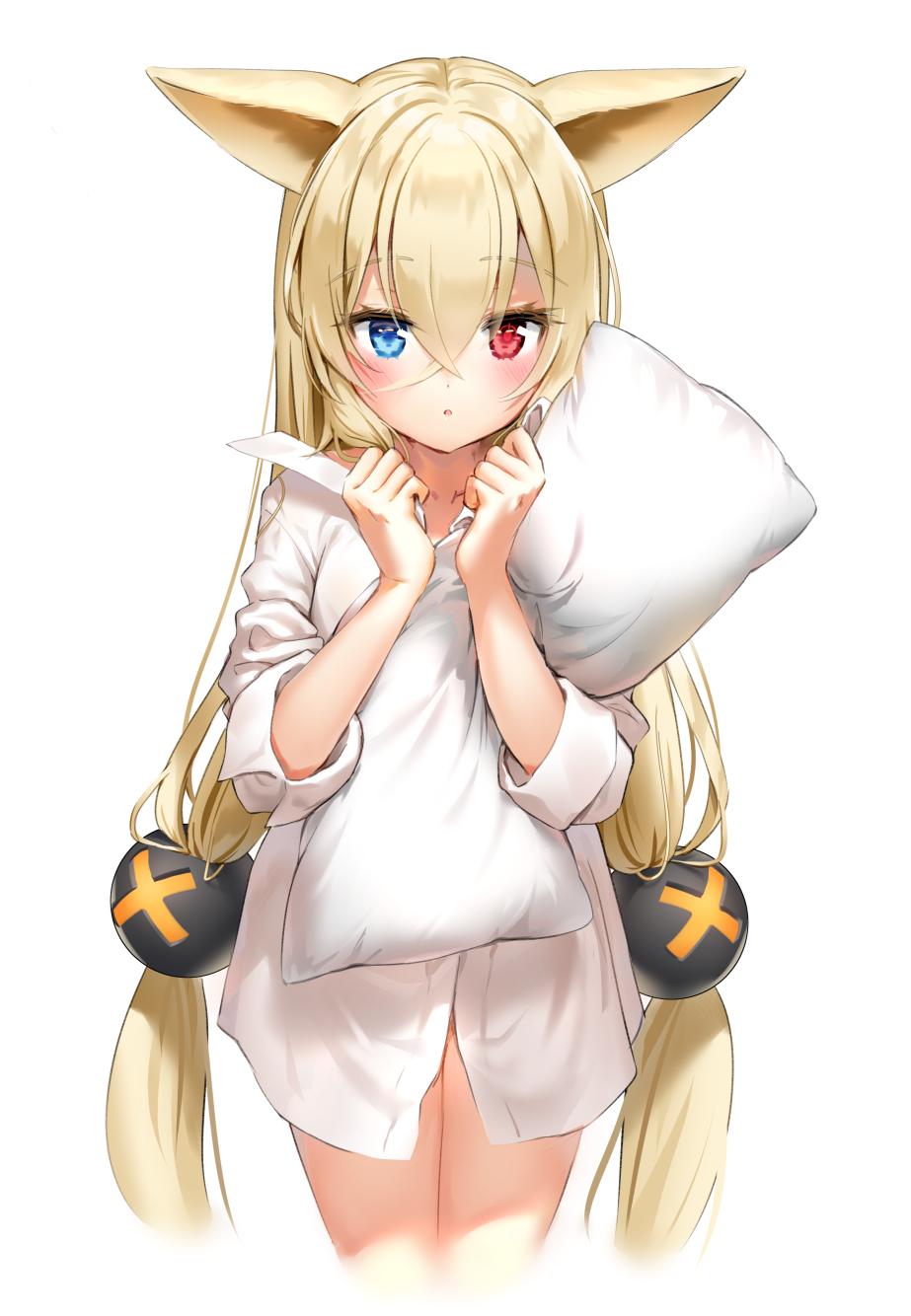 1girl, alternate_costume, animal_ears, blonde_hair, blue_eyes, blush, cat_ears, commentary
