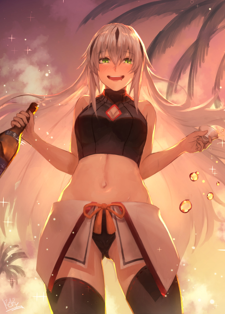 1girl, absurdres, black_hair, blush, bottle, cup, drunk, fate/grand_order
