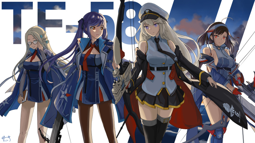 4girls, absurdres, ahoge, aircraft, anchor_hair_ornament, azur_lane, background_text, bangs, belt, black_belt, black_coat, black_legwear, black_neckwear, black_ribbon, blue_hair, blush, book, bow_(weapon), braid, breasts, brown_hair, clouds, cloudy_sky, coat, collared_shirt, commentary_request, crossbow, dress, dusk, earrings, enterprise_(azur_lane), essex_(azur_lane), eyebrows_visible_through_hair, flight_deck, glasses, grey_hair, hair_ornament, hair_ribbon, hairband, hat, highres, holding, holding_book, holding_bow, independence_(azur_lane), jewelry, large_breasts, long_hair, long_sleeves, meatbun_33, military, military_hat, miniskirt, multiple_girls, necktie, ocean, open_clothes, open_coat, outdoors, pantyhose, peaked_cap, pleated_skirt, red_eyes, red_neckwear, ribbon, semi-rimless_eyewear, shangri-la_(azur_lane), shirt, sidelocks, silver_hair, simple_background, skirt, sky, sleeveless, sleeveless_shirt, slit_pupils, smile, snowflake_hair_ornament, tagme, twintails, underbust, very_long_hair, violet_eyes, wading, weapon, white_headwear, yellow_eyes