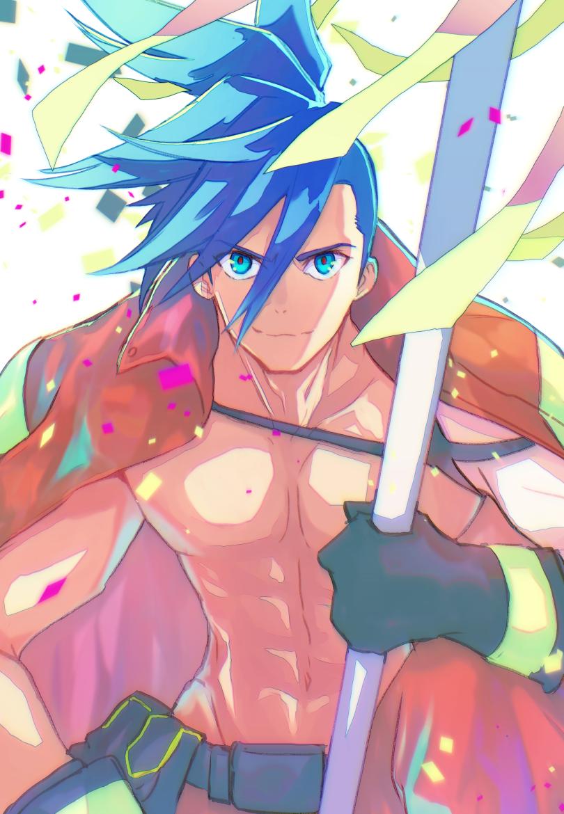 abs, baggy_pants, black_gloves, blue_eyes, blue_hair, chest, galo_thymos, gloves