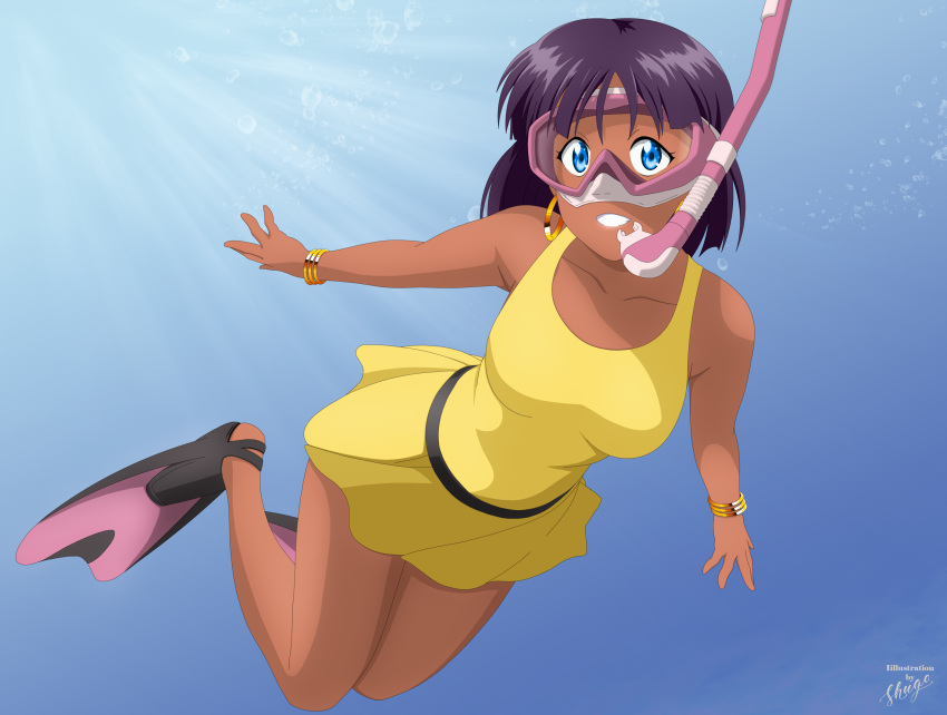 1girl, absurdres, artist_name, benjoerres, blue_eyes, diving_mask, fins, fushigi_no_umi_no_nadia