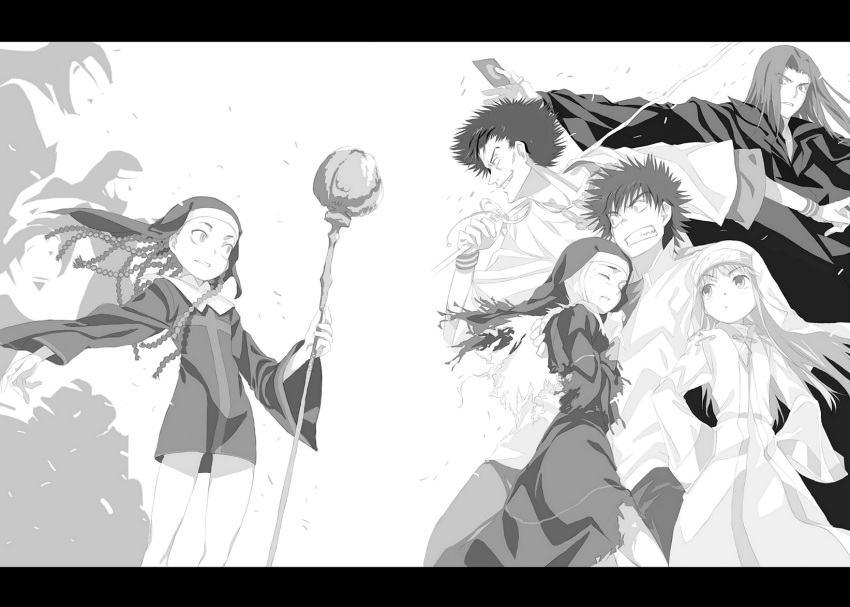 3boys, 3girls, agnese_sanctis, battle, braid, clenched_teeth, closed_eyes, collared_shirt