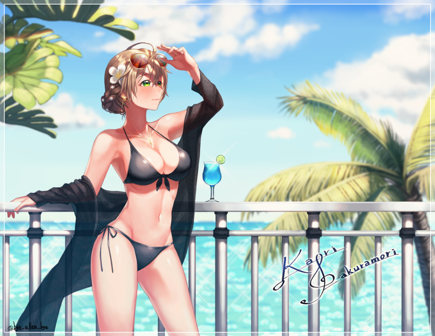 1girl, bikini, black_bikini, black_ribbon, blonde_hair, blue_sky, blurry, blurry_background
